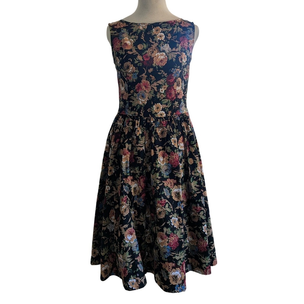 NWT Lindy Bop Floral Midi Dress Women M Black Multi Fit Flare Cottagecore Retro